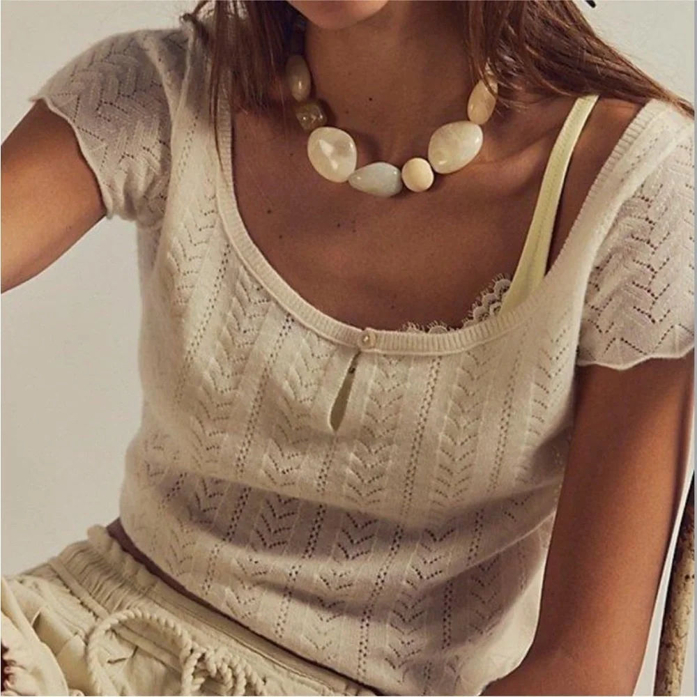 Free People Cashmere Short-Sleeve Timeless Cream Sweater Women Size Small